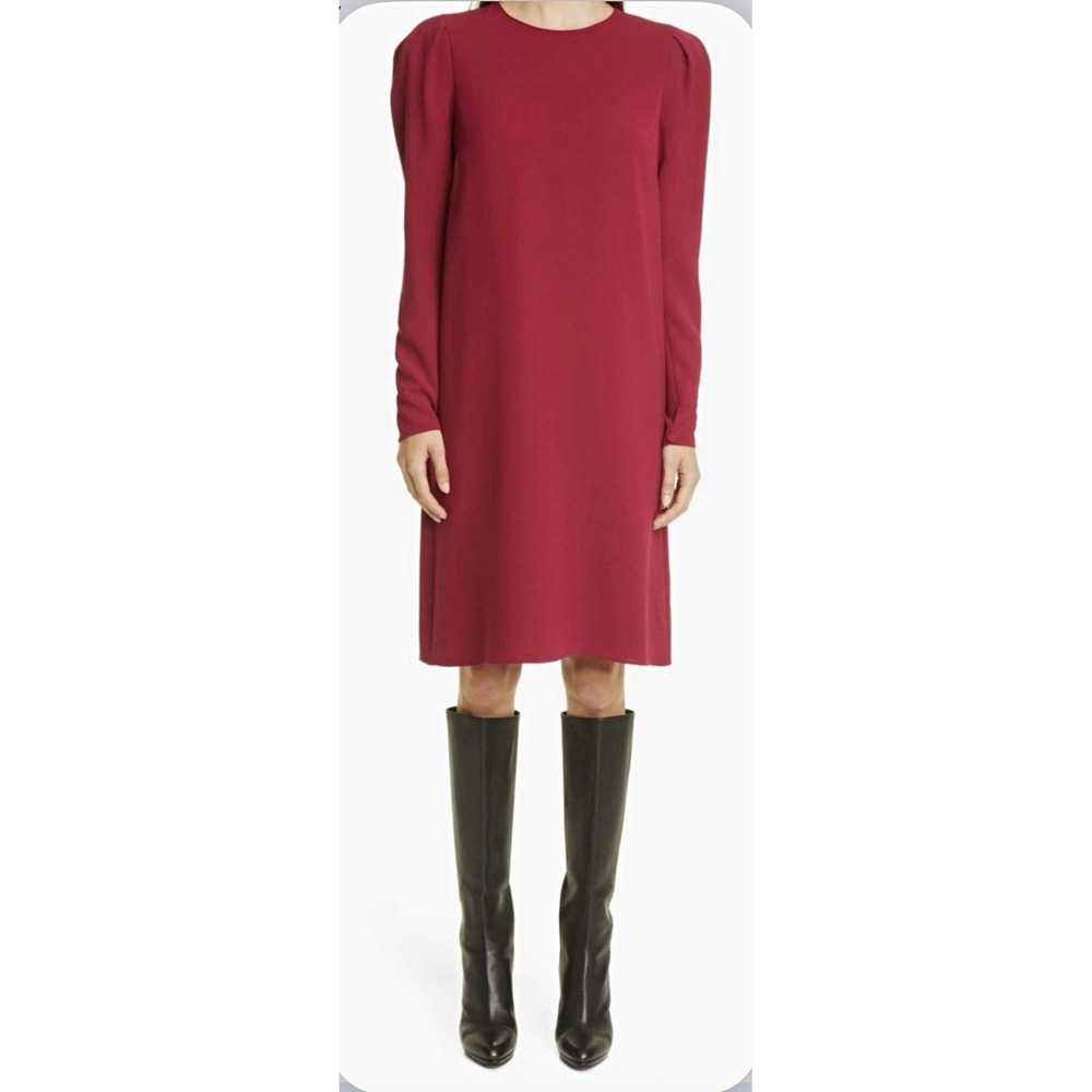 $598 Lafayette 148 NY Women's Red Gia Long Sleeve Puff Shoulder Shift Dress Med
